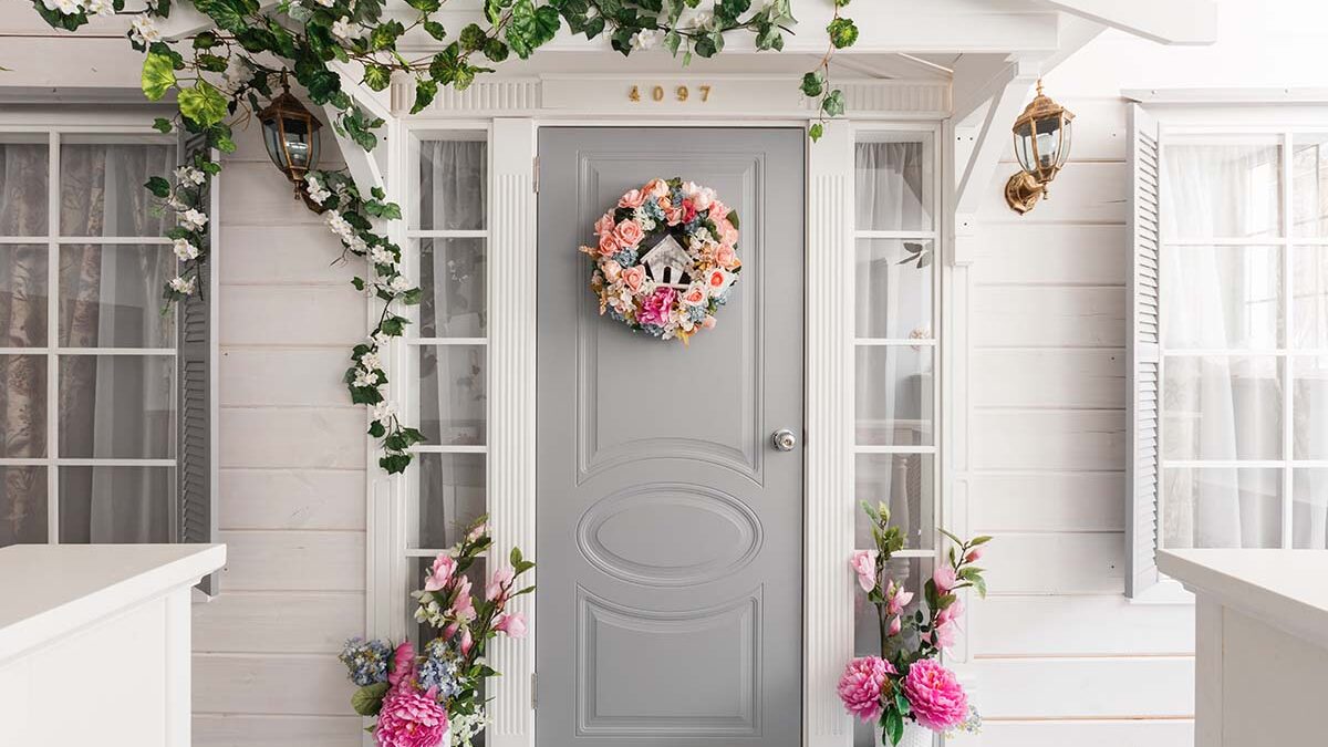 Popular Color Trends for Entry Doors color door with flowers