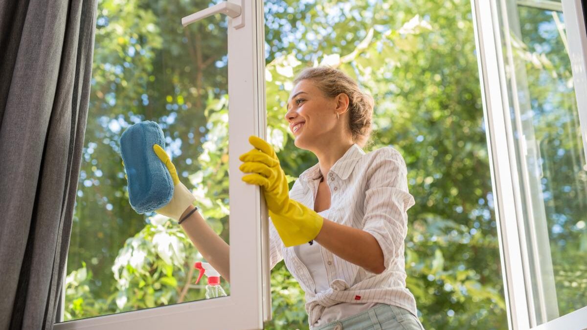 a person cleaning their windows while using home remedies to remove rust