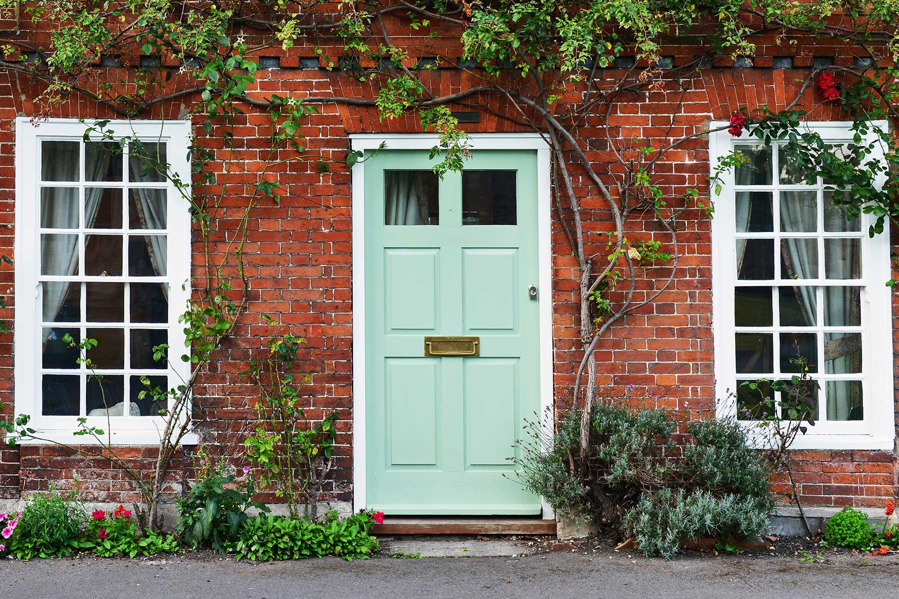 5 Best Front Door Colors for This Spring the lovely pastel green front door of a brick house with big windows and crawling ivy