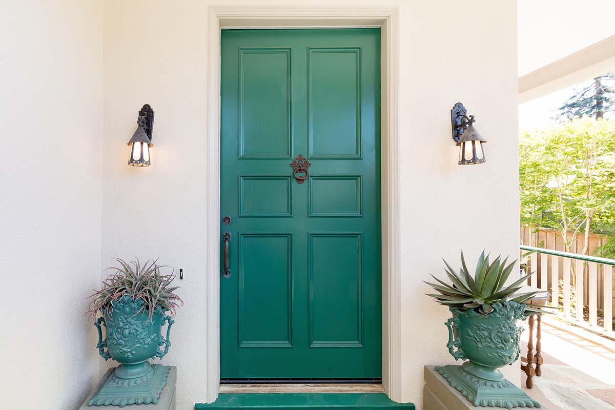 5 Popular Entry Door Colors for Fall front facing view of green external entry door