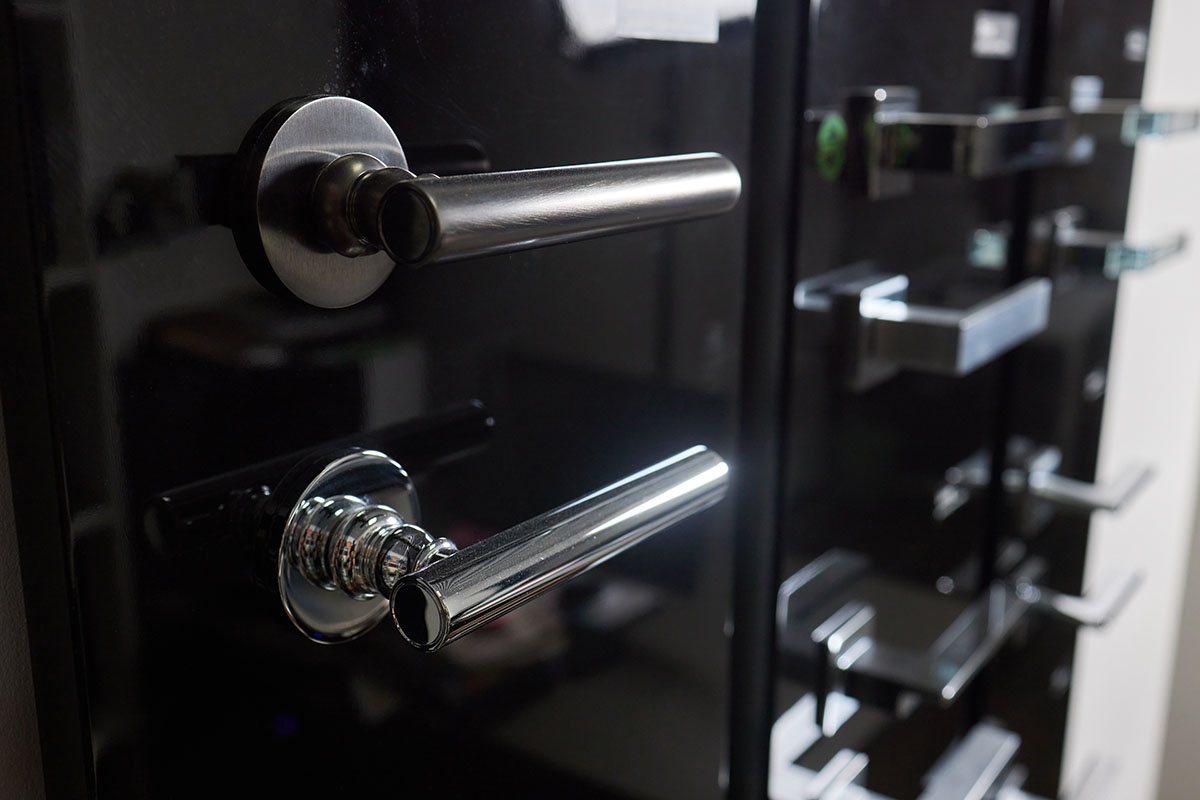 close up of front entry door hardware