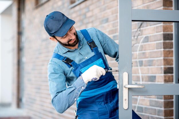 Finding Commercial Door Installation In Baltimore, MD a professional installs commercial doors on a building