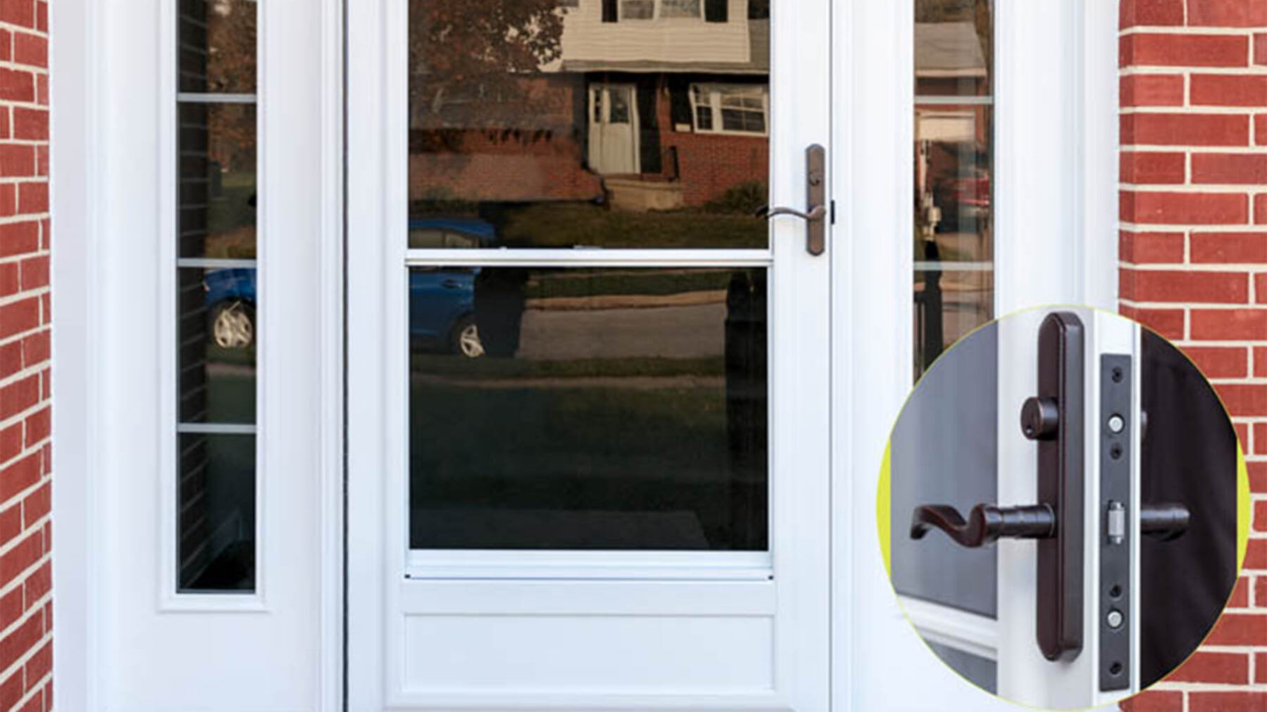 Storm door with close up shot of working handle
