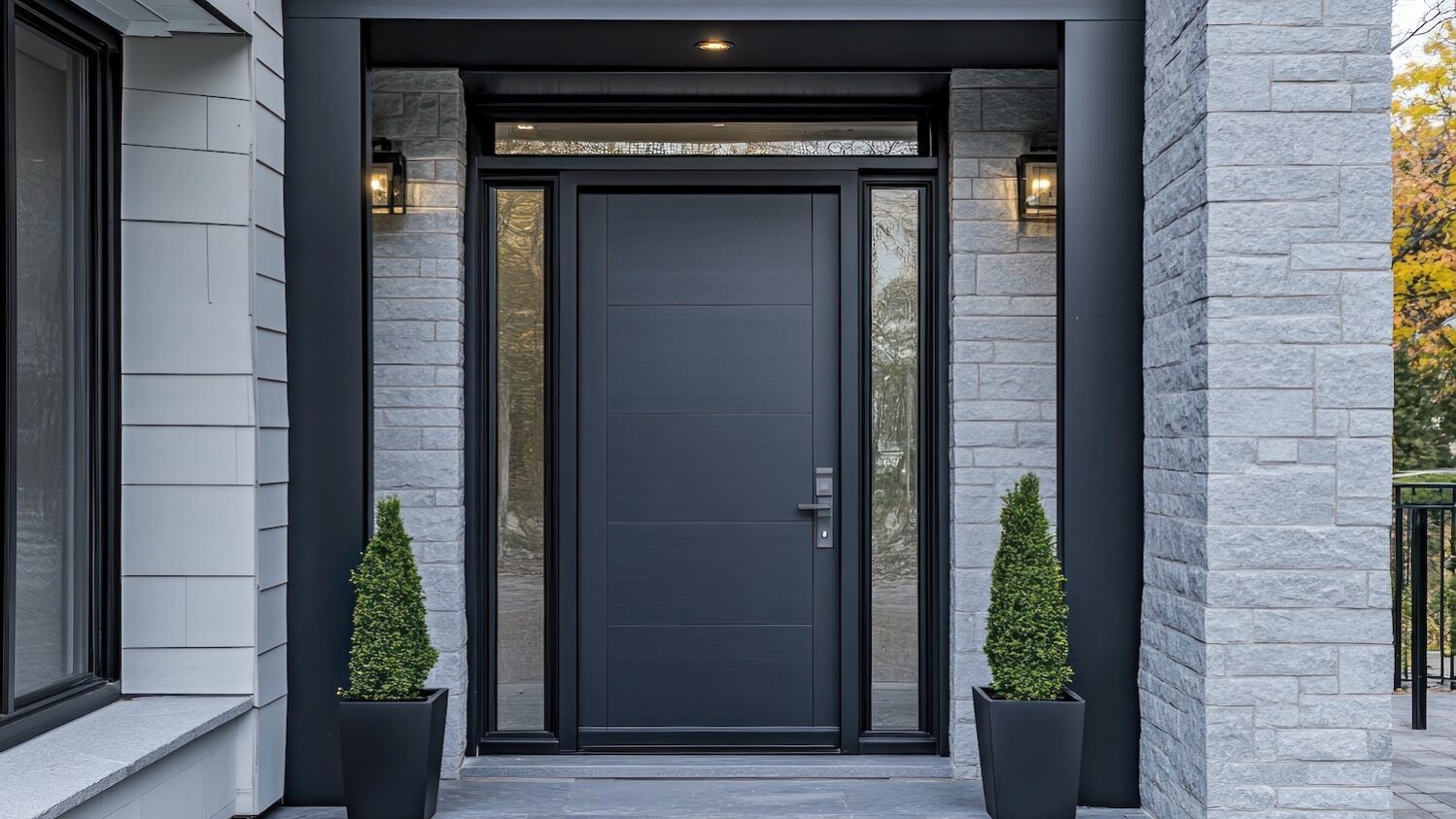 Modern front entrance featuring a sleek black door framed by light gray brick and black trim, with two matching potted topiary plants on either side and wall-mounted lights above.