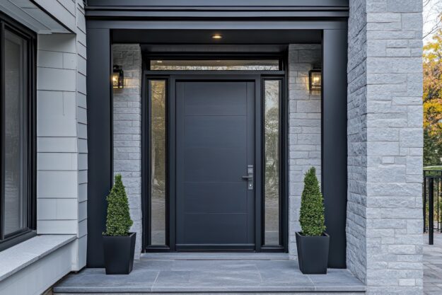Modern front entrance featuring a sleek black door framed by light gray brick and black trim, with two matching potted topiary plants on either side and wall-mounted lights above.