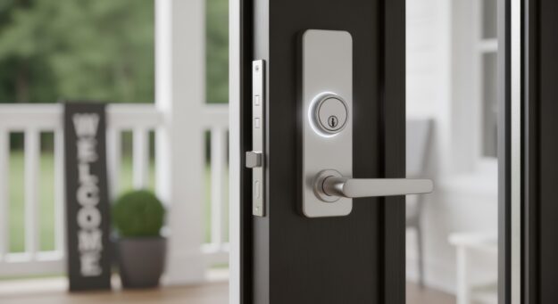 Close-up of a modern smart door lock on a black door slightly open, showing a bright porch with a white railing and a “Welcome” sign in the background.