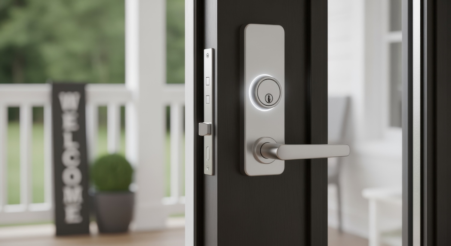 Close-up of a modern smart door lock on a black door slightly open, showing a bright porch with a white railing and a “Welcome” sign in the background.